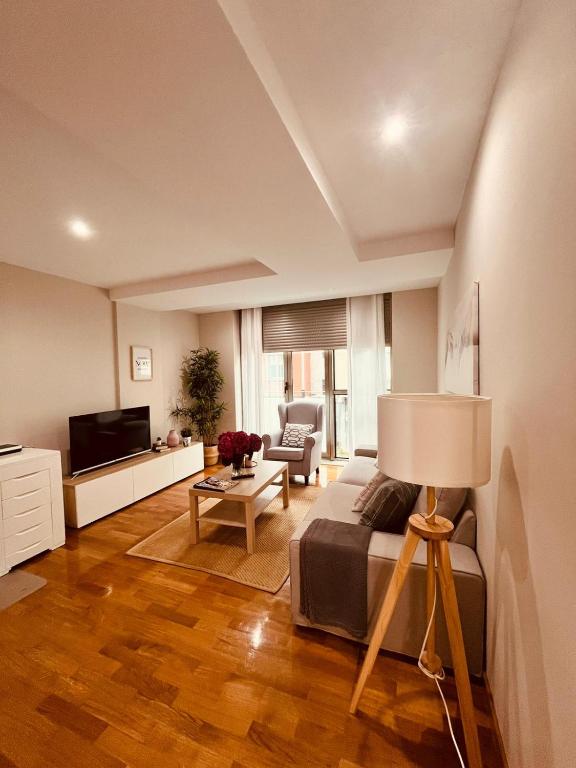a living room with a bed and a tv at Apartamento Pereiro Viveiro in Viveiro