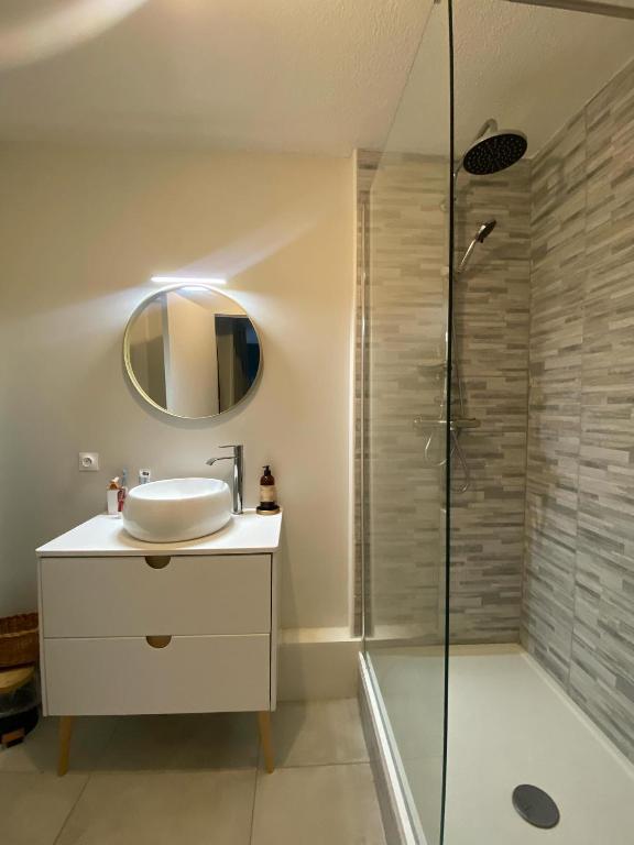 une salle de bain avec un lavabo et une douche dans l'établissement Charmant appartement Bordeaux, à Bordeaux
