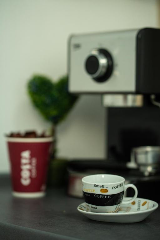 a cup of coffee on a plate on a counter at M & M Studio in Jurilovca