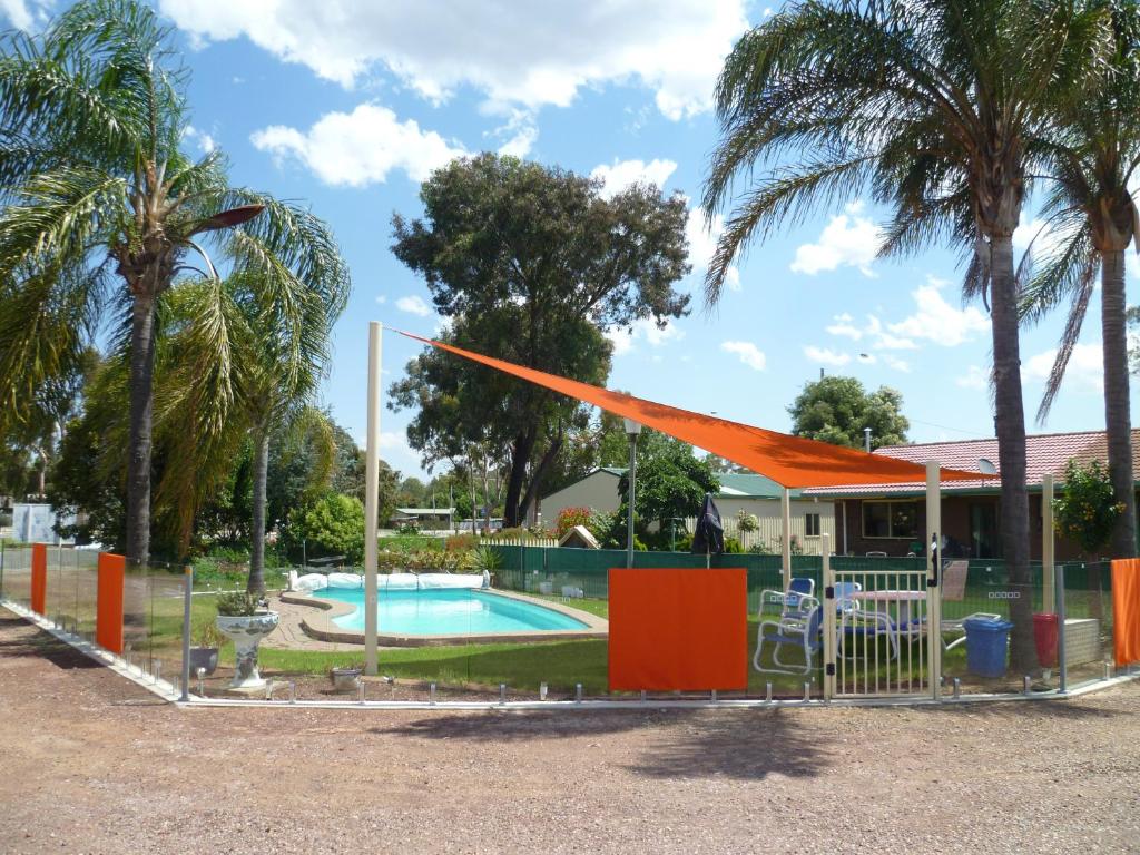 uma cerca em torno de uma piscina com palmeiras e uma casa em Birch Motel Tocumwal em Tocumwal