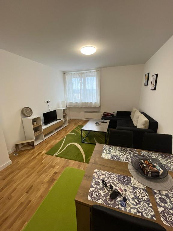 a living room with a black couch and a green rug at Panorama View apartman in Bjelašnica