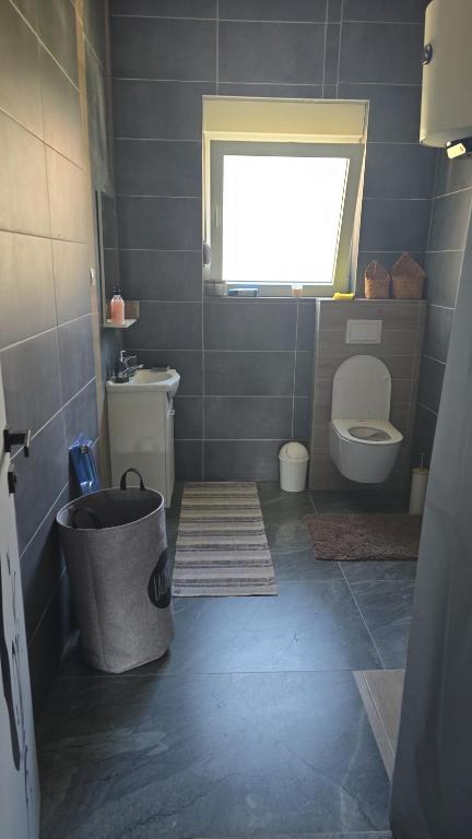 a bathroom with a sink and a toilet and a window at Apartmani Korana in Karlovac