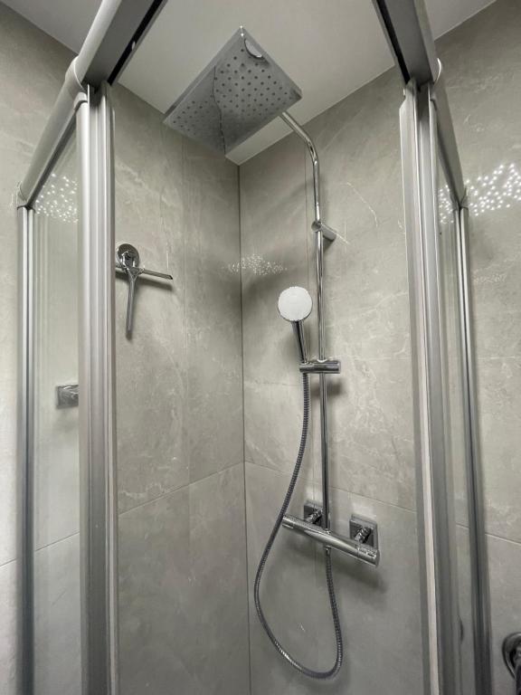 eine Dusche mit Duschkopf in einem Badezimmer in der Unterkunft Exklusive Moderne Wohnung Hanau in Hanau am Main