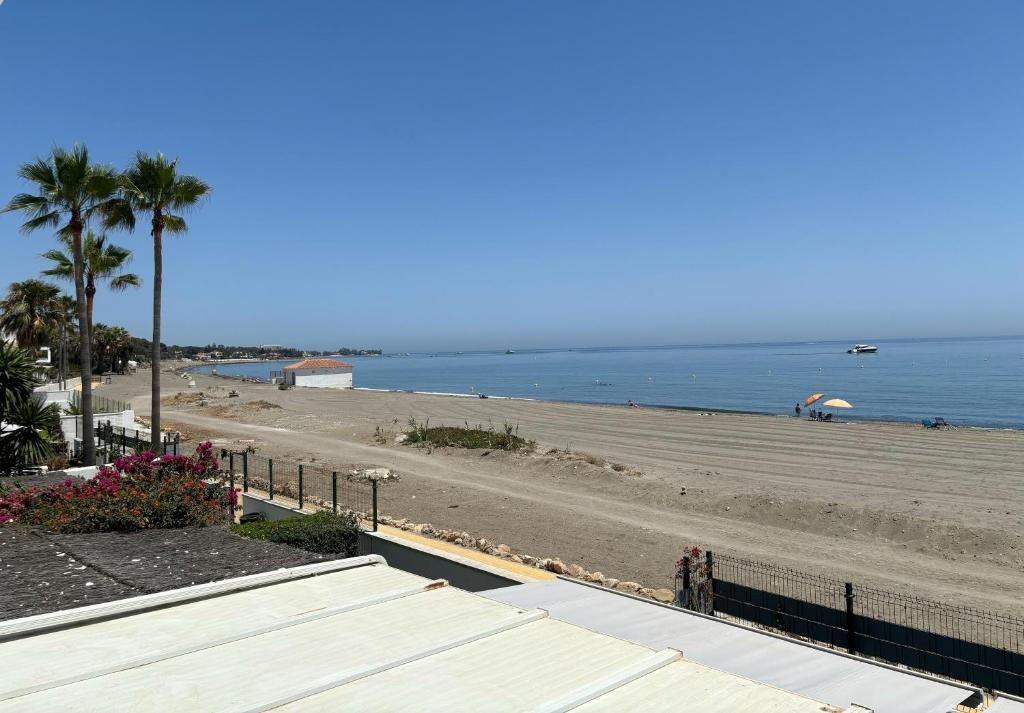 a view of a beach with palm trees and the ocean at Beach House El Saladillo in Estepona