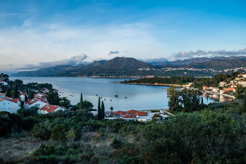 a view of a lake with houses and a town at Vintage house Kolocep in Koločep
