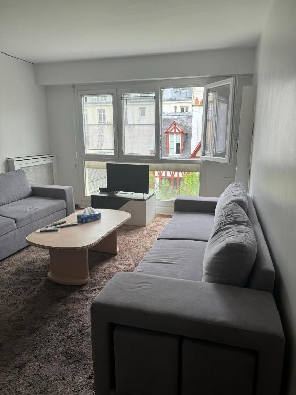 un salon avec un canapé et une table basse dans l'établissement L'assomption au calme paris 16e, à Paris