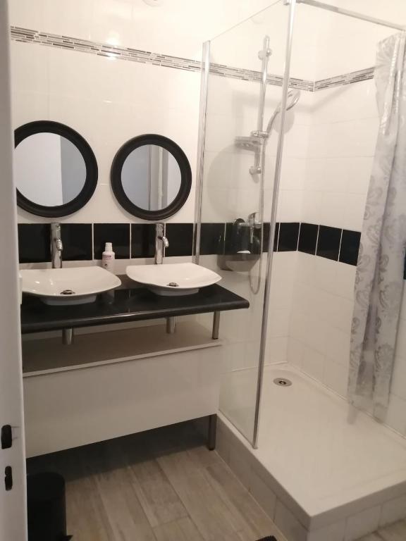 une salle de bain avec deux lavabos et une douche dans l'établissement Loue appartement spacieux et familiale à marignane, La Galagoviere, 8 rue de Wolfsburg, à Saint-Victoret