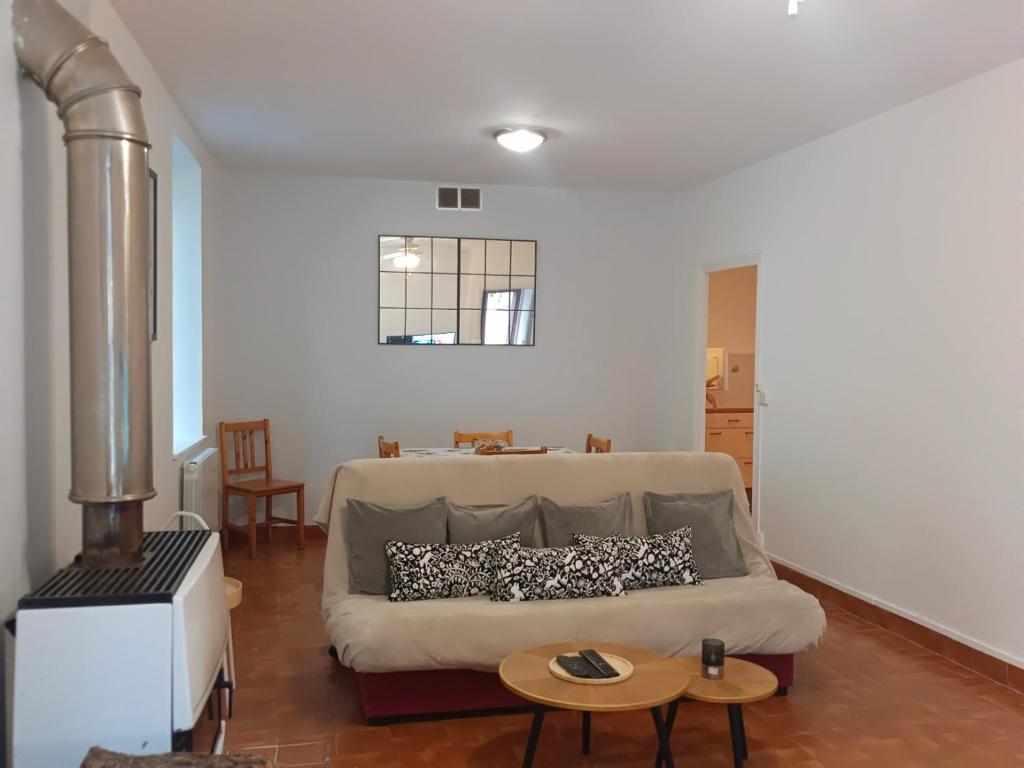 un salon avec un canapé et une table dans l'établissement appartement aulus les bains, à Aulus-les-Bains