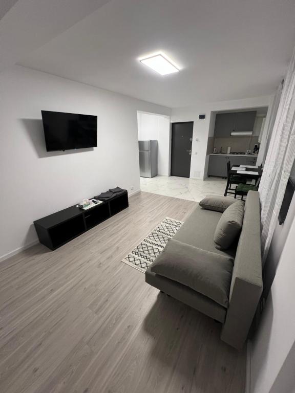 a living room with a couch and a flat screen tv at EVEREST 33 Ap 2 in Bucharest