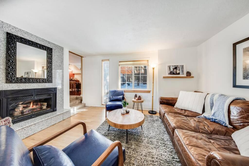 een woonkamer met een bank en een open haard bij Alpine Cottage Hideaway in Stateline