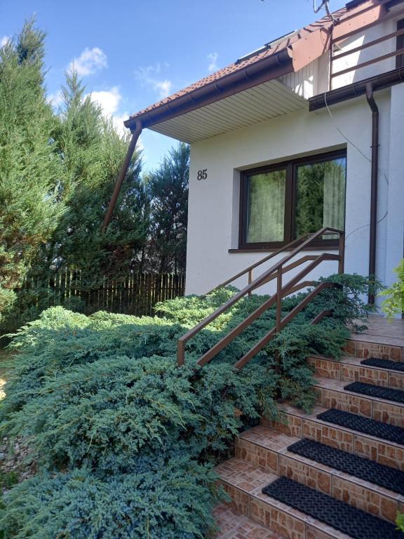 a house with a staircase in front of it at "Ukryty w tujach" dom na wyłączność 6-14 osób in Międzyrzec Podlaski