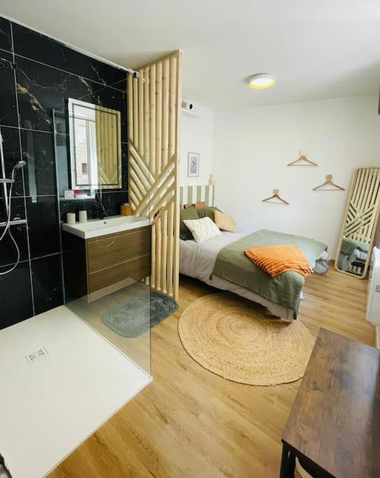 une chambre avec un lit, un lavabo et un miroir dans l'établissement Le Repos du Pilat proche à 10 min Saint Etienne, à Saint Etienne