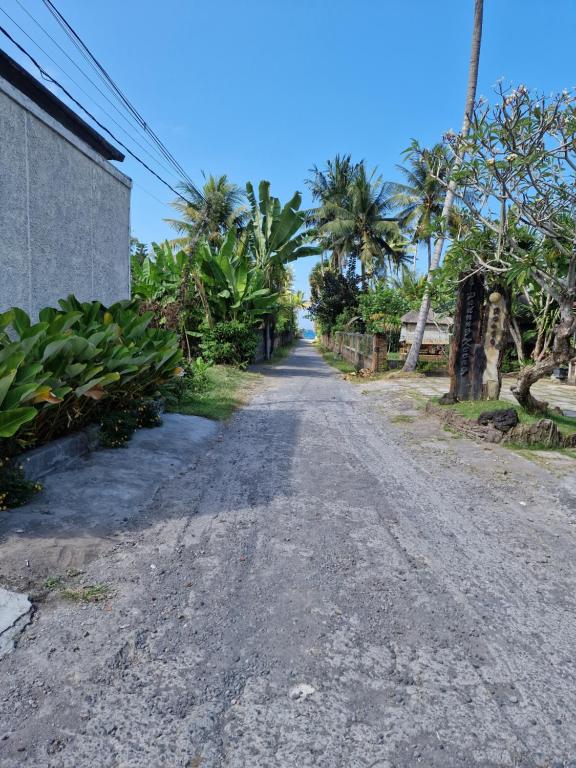 an empty road with palm trees on the side at LM Home Mendira in Candidasa