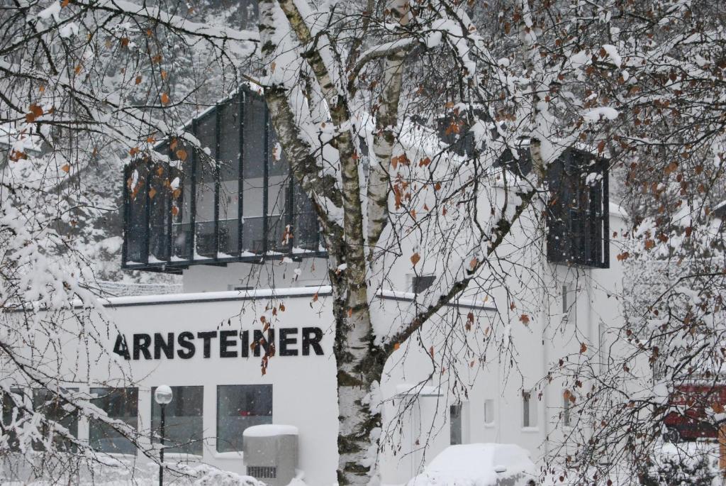 a building with a sign in the snow next to a tree at Arnsteiner Apartments in Zell am See
