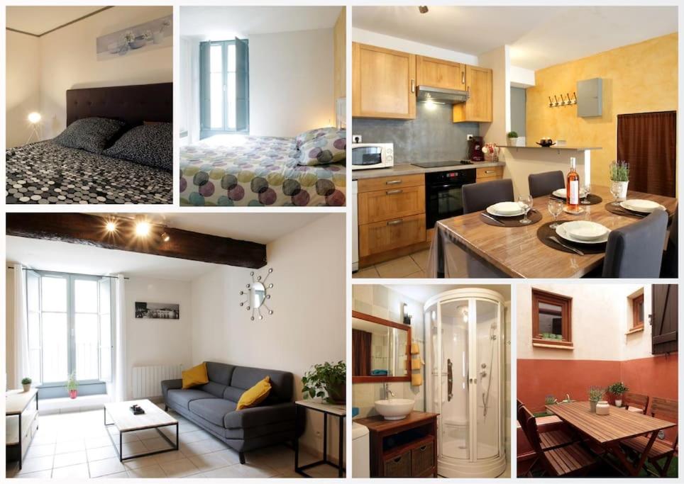 eine Collage mit Fotos von einer Küche und einem Wohnzimmer in der Unterkunft Résidence Armagnac - City Center in Carcassonne