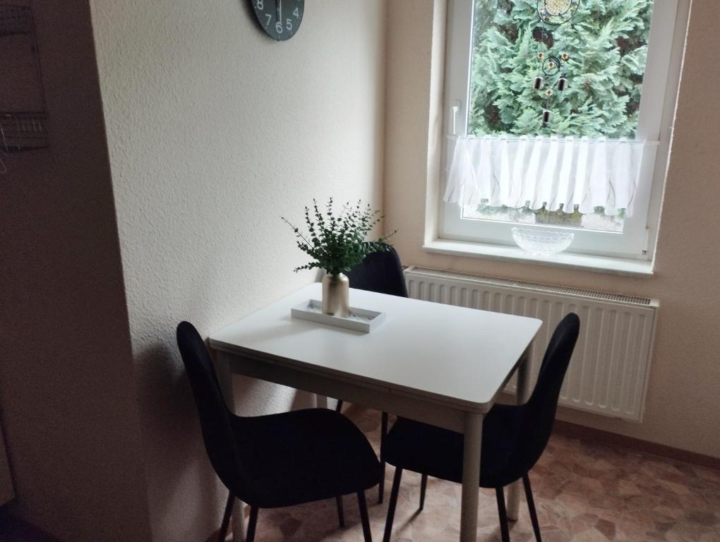 a dining room table with chairs and a window at Fewo Am Waldrand in Heideblick