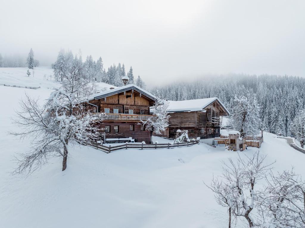 a log cabin in the snow with trees at DAS "ZwisleggGut" in Wagrain