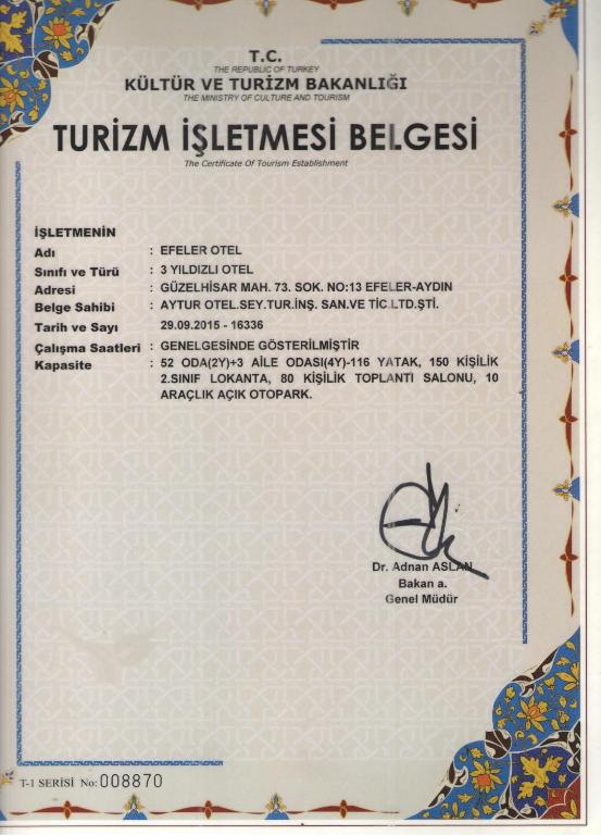 Certifikát, hodnocení, plakát nebo jiný dokument vystavený v ubytování Efeler Hotel