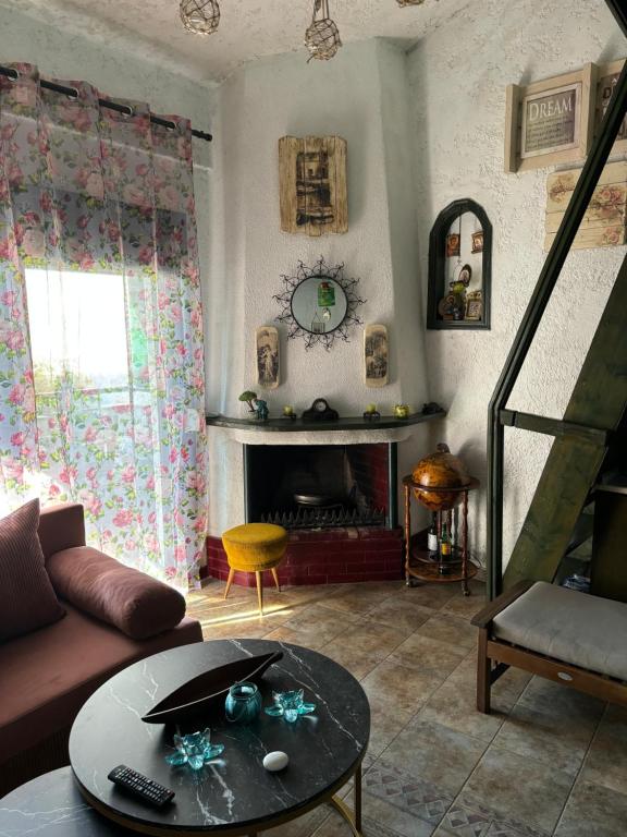 ネア・フォケアにあるGreen House in the Seaのソファと暖炉のあるリビングルーム