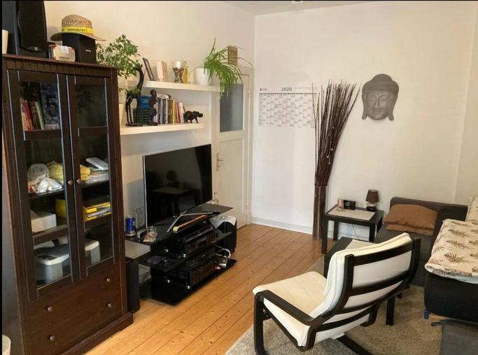 a living room with a chair and a entertainment center at Zwischen Stadtpark und Alsterlauf Low Budget in Hamburg