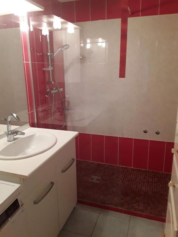 La salle de bains est pourvue d'un lavabo et d'une douche avec du carrelage rouge. dans l'établissement Amédée vue lac, à Évian-les-Bains