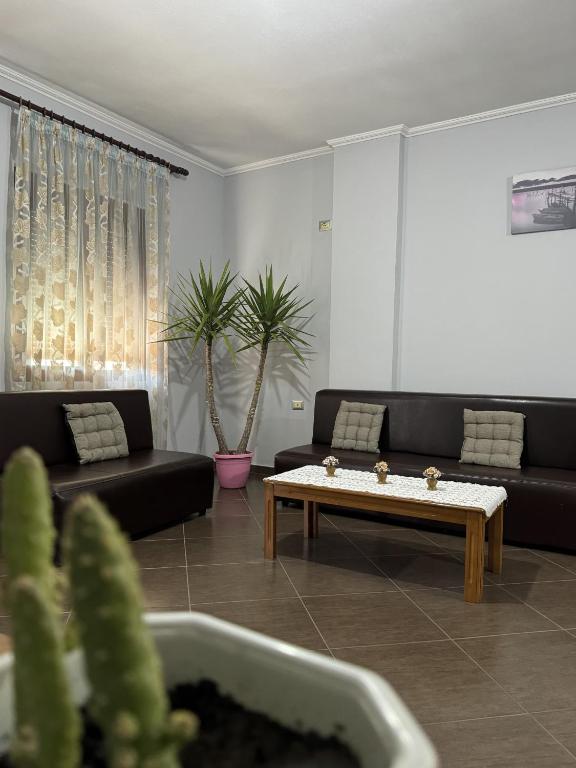 a living room with a couch and a coffee table at Gega's Apartment in Gjirokastër