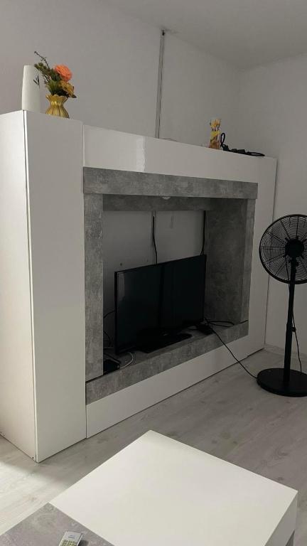 a living room with a fireplace with a tv at Casa Haidu in 2 Mai