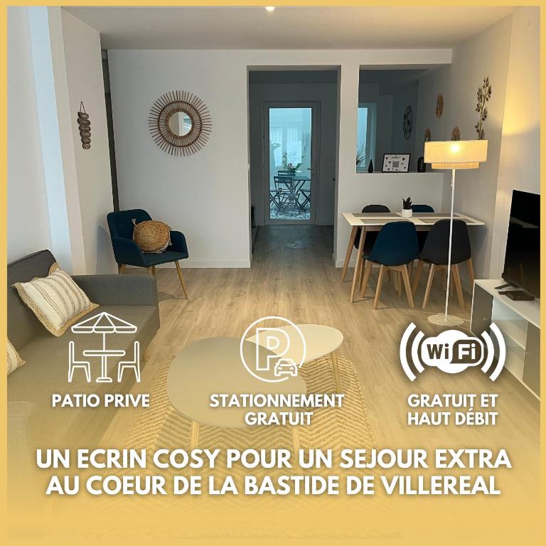 un salon avec une table et des chaises dans l'établissement Le refuge de la Bastide - Villeréal - 4 pers, à Villeréal
