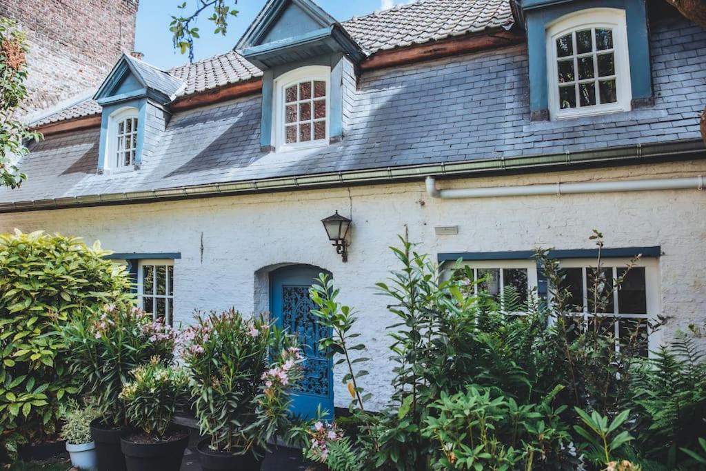 une vieille maison blanche avec des plantes devant elle dans l'établissement Maison de ville avec parking - calme - Vieux-Lille, à Lille
