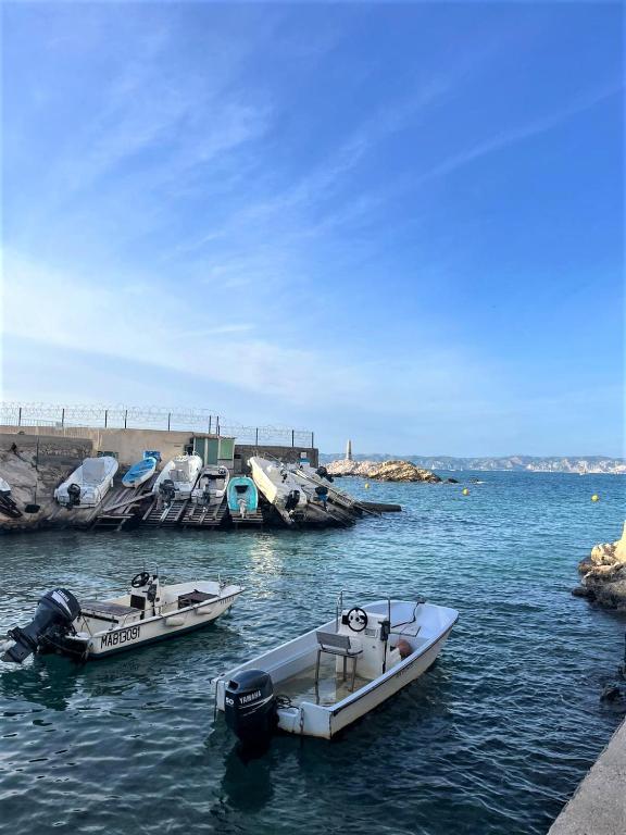 deux petits bateaux dans l'eau près d'un quai dans l'établissement Coccon Malmousque, à Marseille