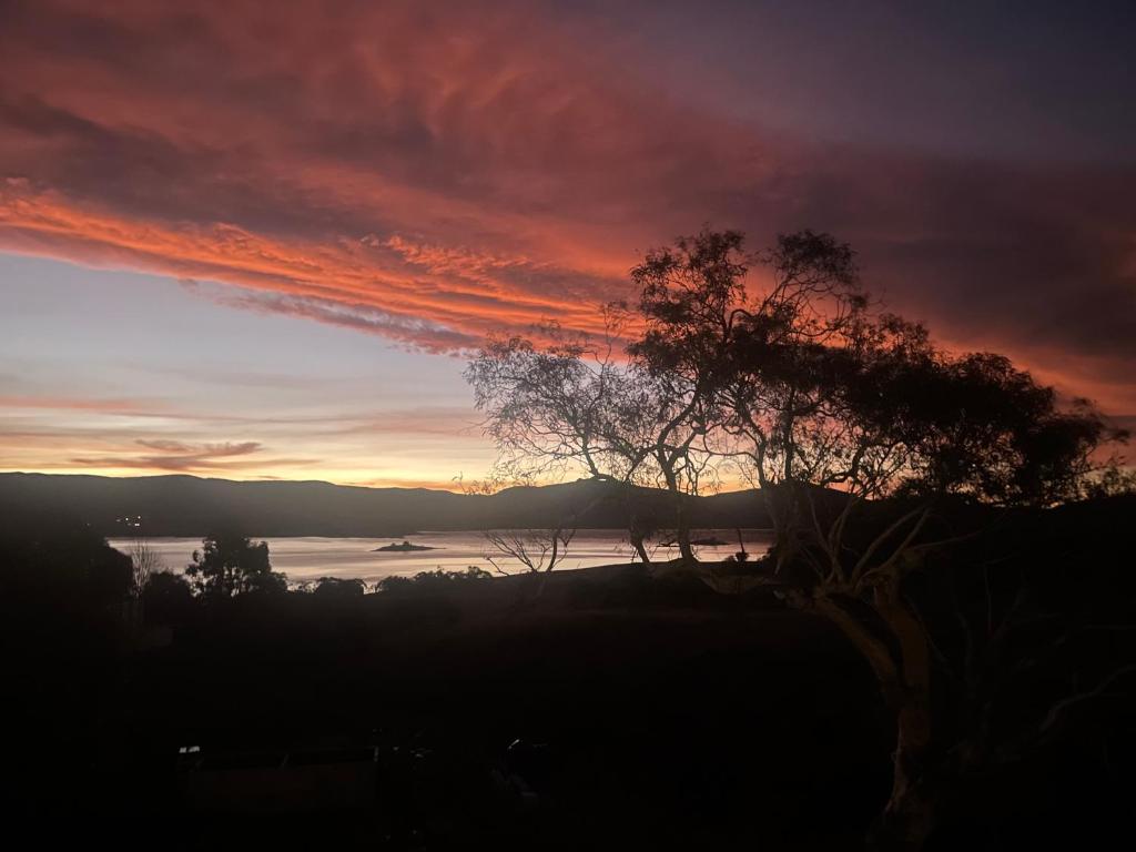 a sunset over a body of water with a tree at Northglow by REthynk in Jindabyne