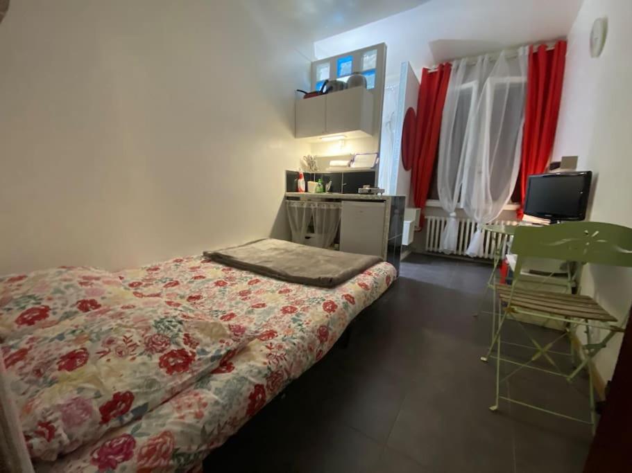 une chambre avec un lit, un bureau et une télévision dans l'établissement Jolie Studette équipée sur jardin, st mandé bois, à Saint-Mandé