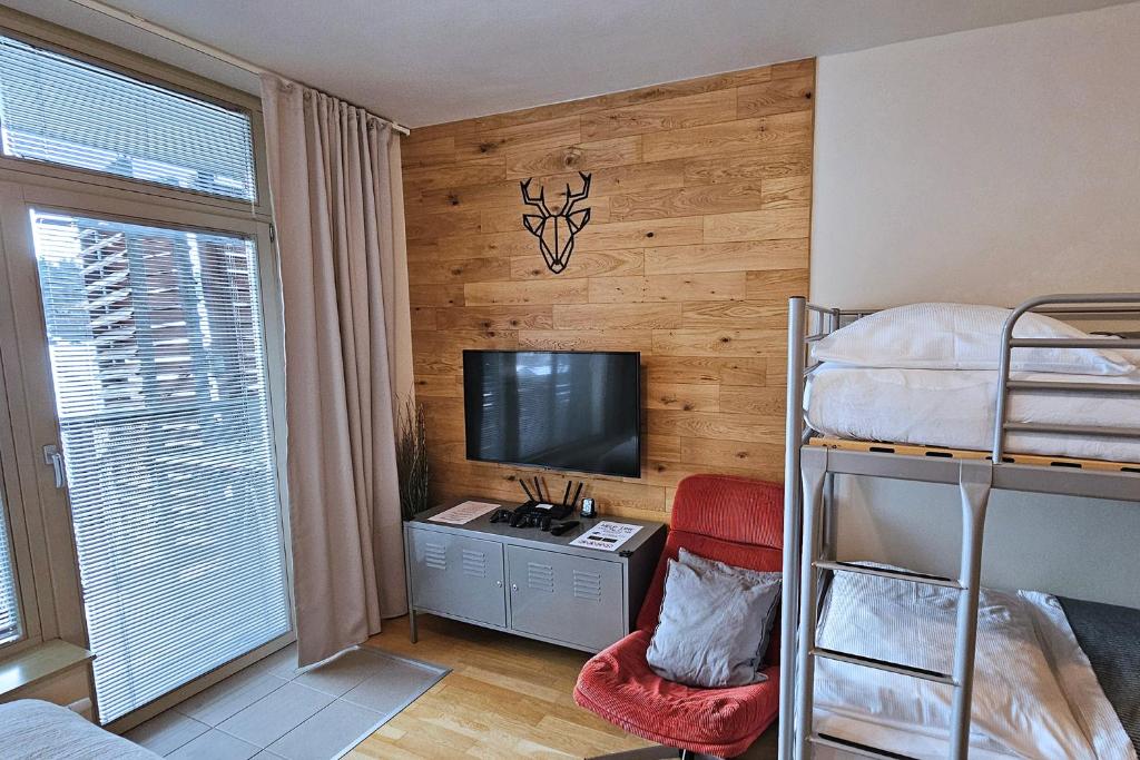 TV a/nebo společenská místnost v ubytování ENJOYHARRACHOV - Atraktivní slunné studio Čertovka v centru Harrachova s garážovým parkováním, Wifi-WLAN, SAT, herní konzolí, Netflix zdarma a nejkrásnějším výhledem na Čertovu horu s areálem skokanských můstků a sjezdovku