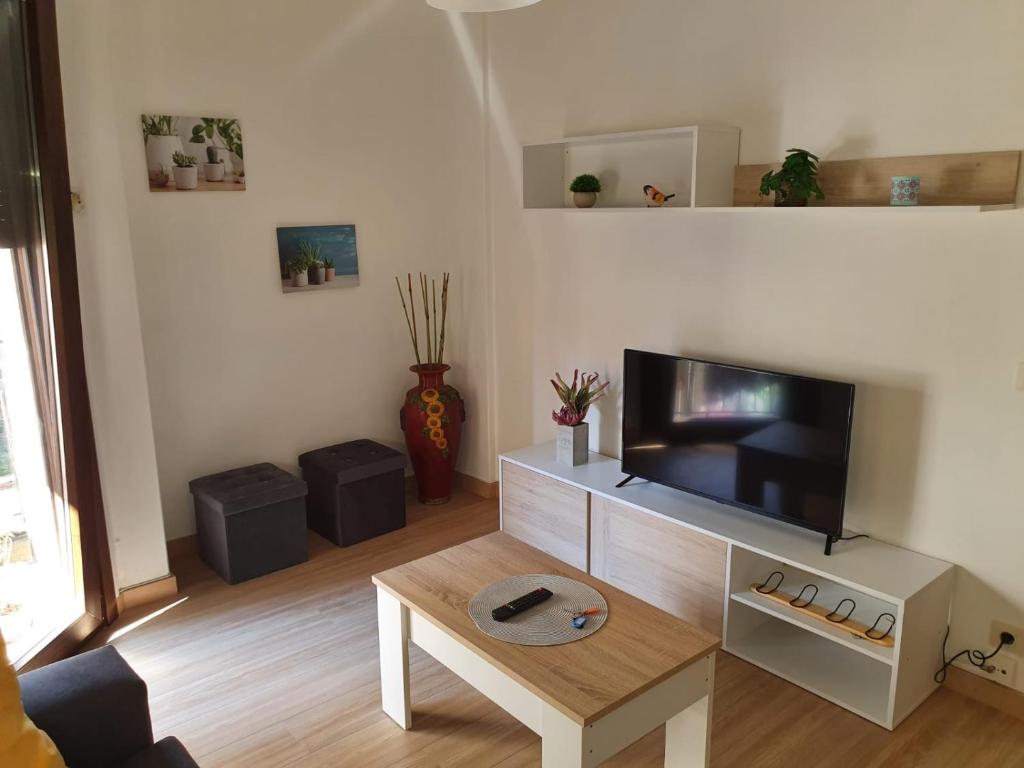 a living room with a flat screen tv and a coffee table at Sol in Cangas de Morrazo