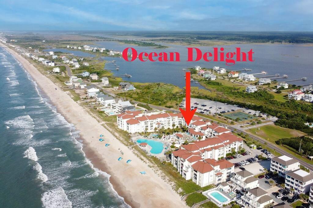 an aerial view of a beach with the words ocean delight at Oceanfront Resort! at Ocean Delight! in North Topsail Beach