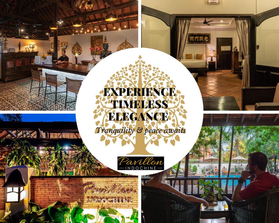 a collage of photos of a restaurant with the words apprentice illness discharge at Pavillon Indochine Boutique - Hotel in Siem Reap