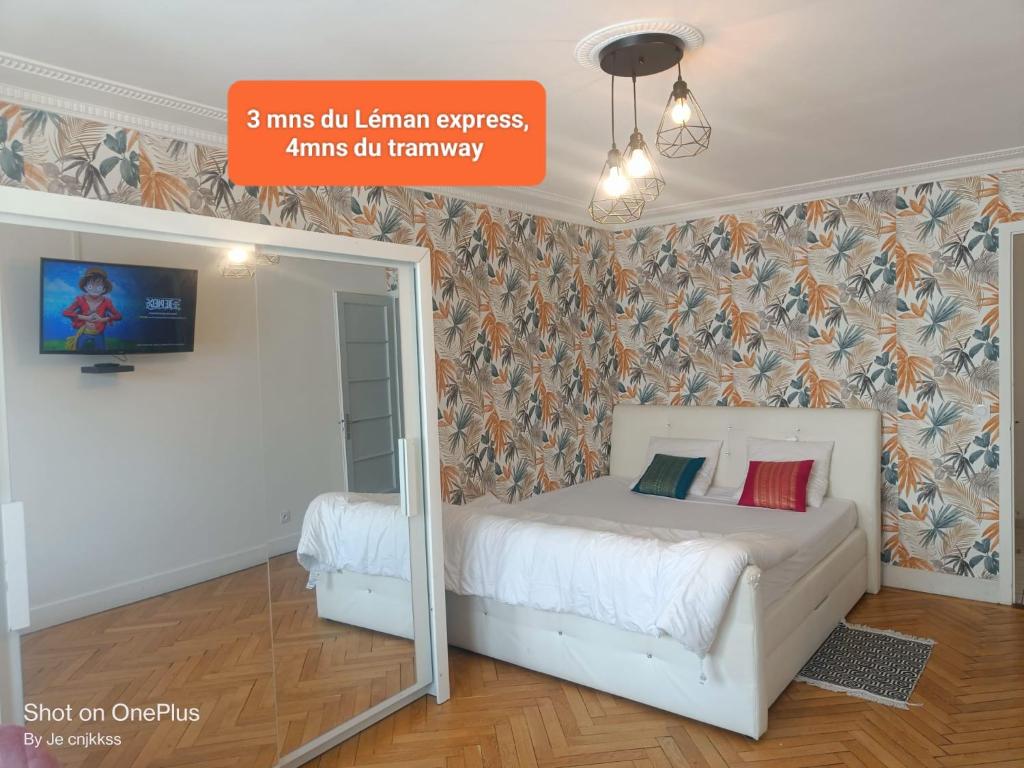 アンヌマスにあるGrande chambre d'hôte Lit king size - 3 mins Gare Annemasse - Genève accès directのベッドルーム1室(ベッド1台付)が備わります。壁に壁画が飾られています。
