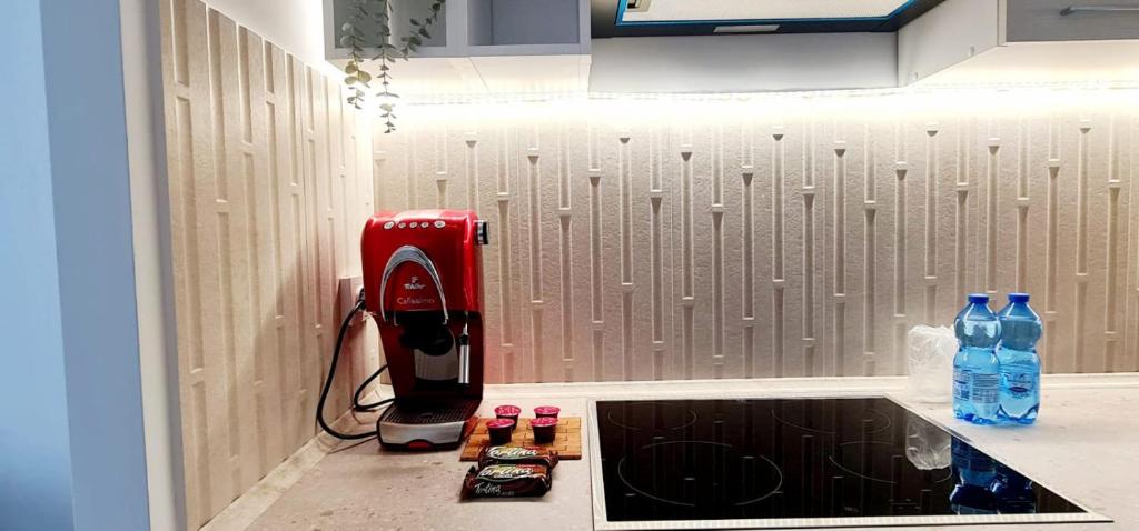 a kitchen with a toaster on a counter next to a sink at CENTRAL CHIC APARTAMENT with SPA and GYM in Bucharest