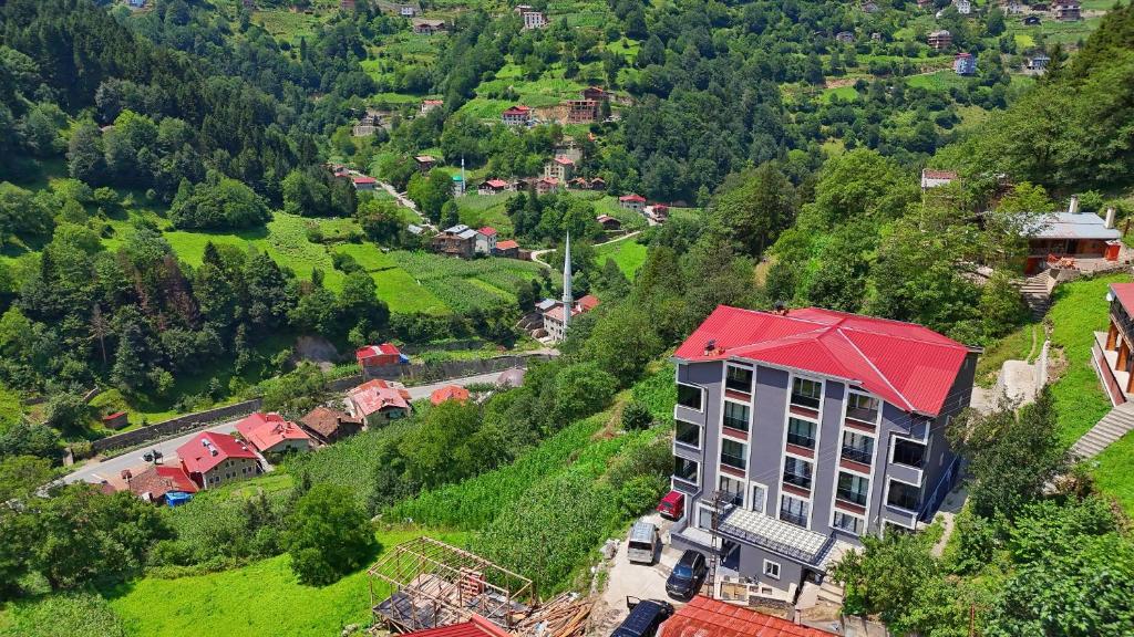 un edificio con techo rojo en una colina en Sinor Home Uzungöl, en Uzungöl