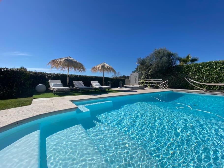 - une piscine bleue avec vue sur l'océan dans l'établissement Villa contemporaine de plain pied Biot, à Biot