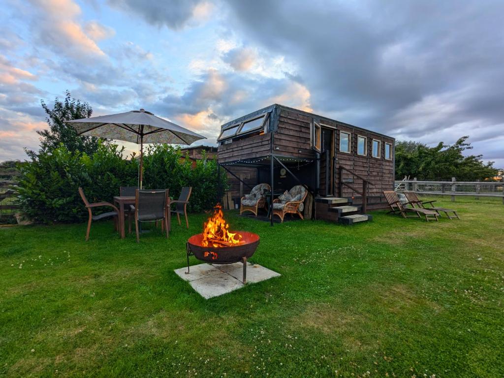 a tiny house with a fire pit in a yard at Highview Hideaway in Upchurch