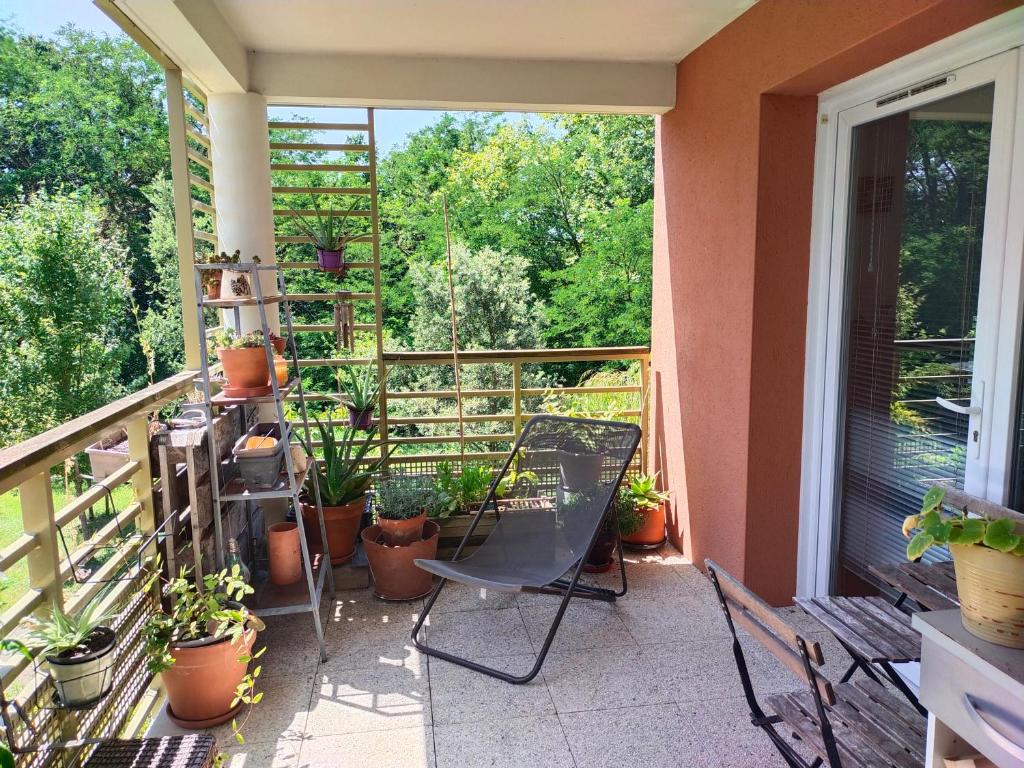 d'un balcon avec une chaise et des plantes en pot dans l'établissement Appartement 2 pièces à Bayonne, à Bayonne