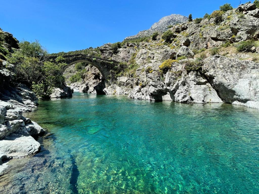 a bridge over a river with clear blue water at Soleil & mer sur la Costa Verde in Cervione