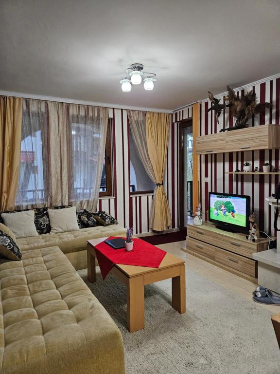 a living room with a couch and a tv at Частен Апартамент Пампорово Гранд Манастира 2Б5 in Pamporovo