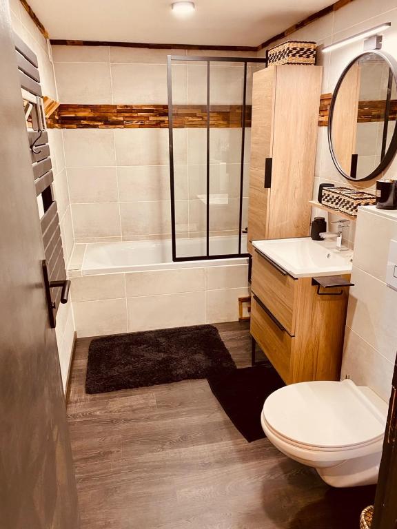 łazienka z prysznicem, toaletą i umywalką w obiekcie Can Sansa Appartement 4* jacuzzi maison pyrénéenne w mieście Font-Romeu-Odeillo-Via