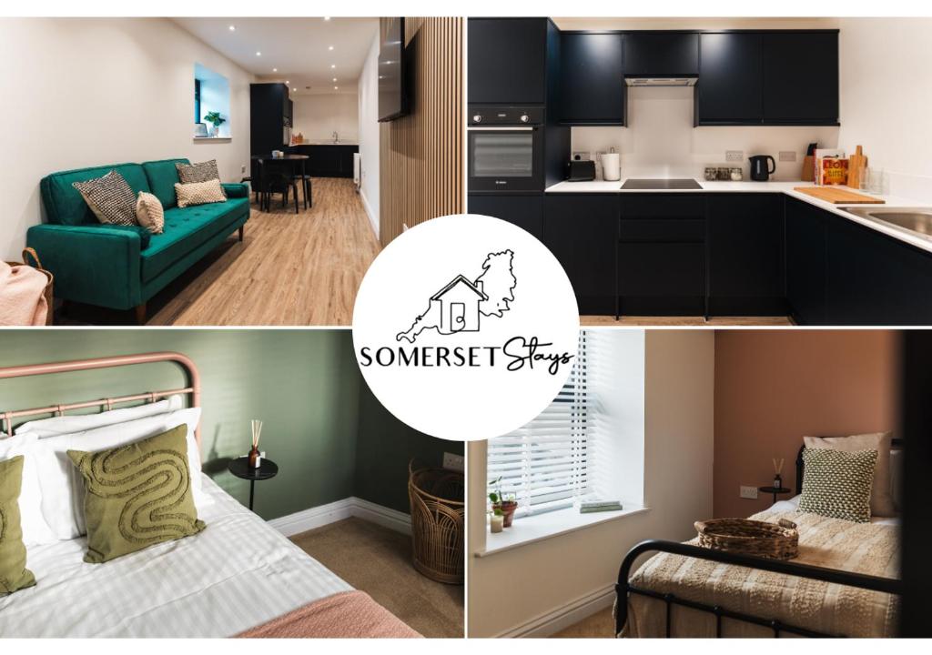 a collage of photos of a kitchen and a living room at Wych Cottage, Striking 2 Bed, Parking, Ground Floor Flat - Step Free in Somerton