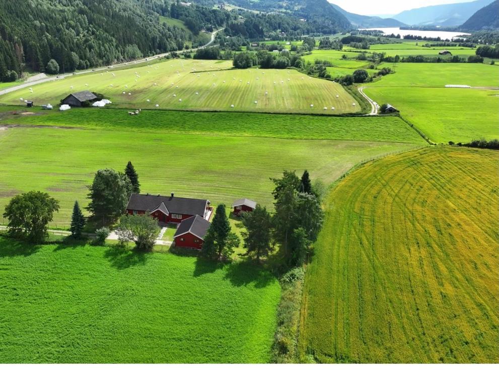 an aerial view of a large green field with a house at Villa Soltun in Ringebu