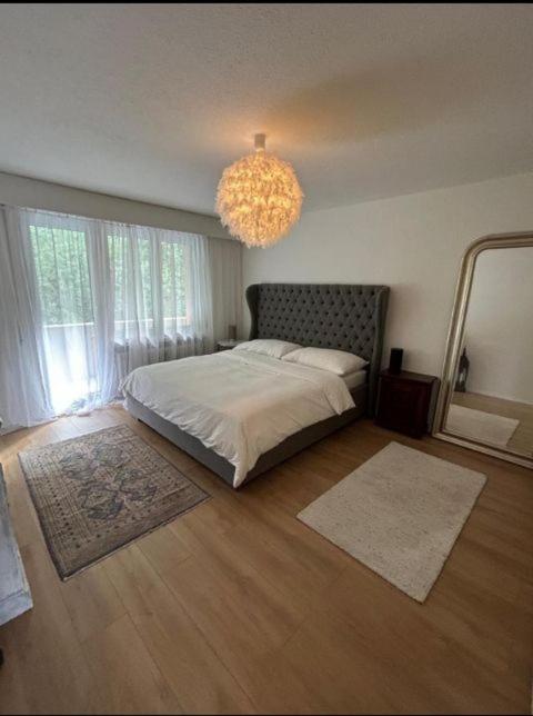 a bedroom with a bed and a mirror and a chandelier at Rooftop ink Parking in Lucerne