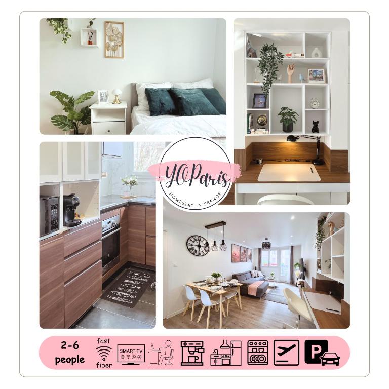 un collage de quatre photos d'une chambre et d'un salon dans l'établissement Entire 60m2 apartment - Close to Paris - Parking - Kitchen - 2min RERB - Olympic'24, à Bourg-la-Reine