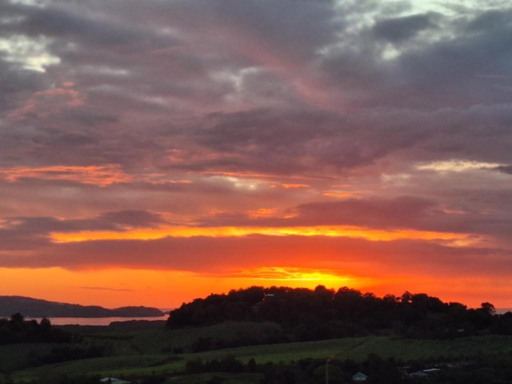 a sunset over a field with trees in the foreground at La plus belle vue de Ducos ! in Ducos